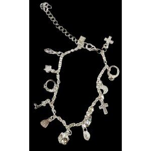 New Silver Tone Charm Bracelet Cross Rings Rhinestones Heart Key Fashion Jewelry